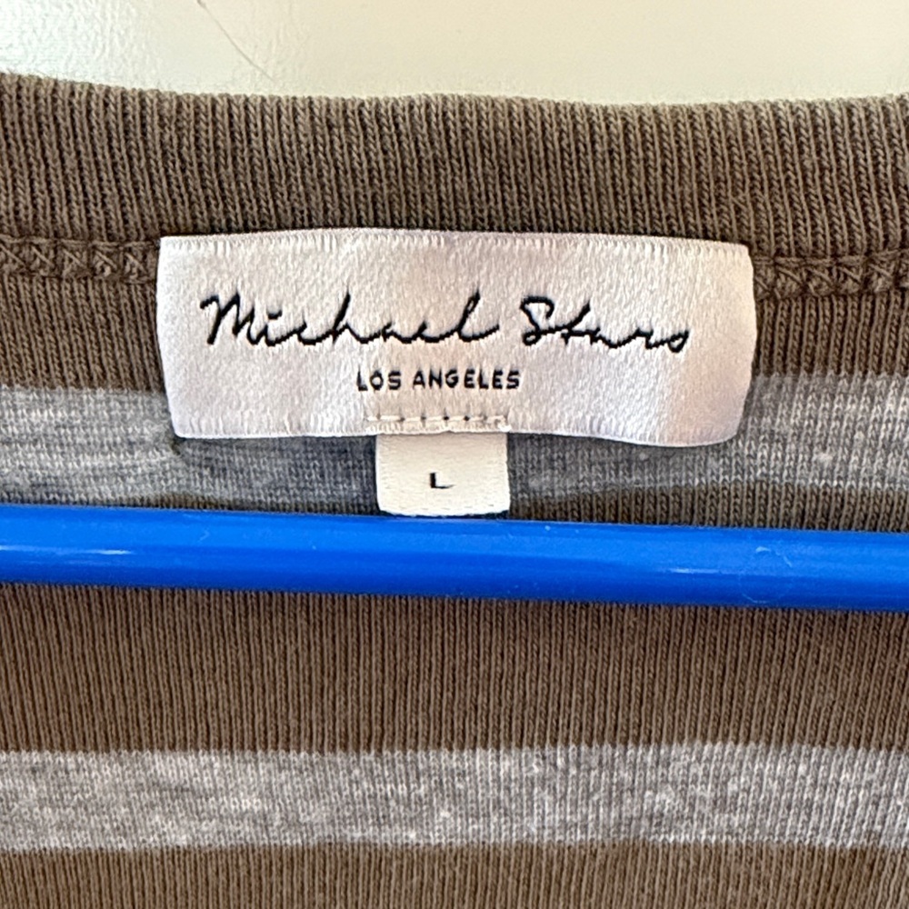 Michael Stars Olive and Light Gray Striped Henley Tank - Picture 2 of 5
